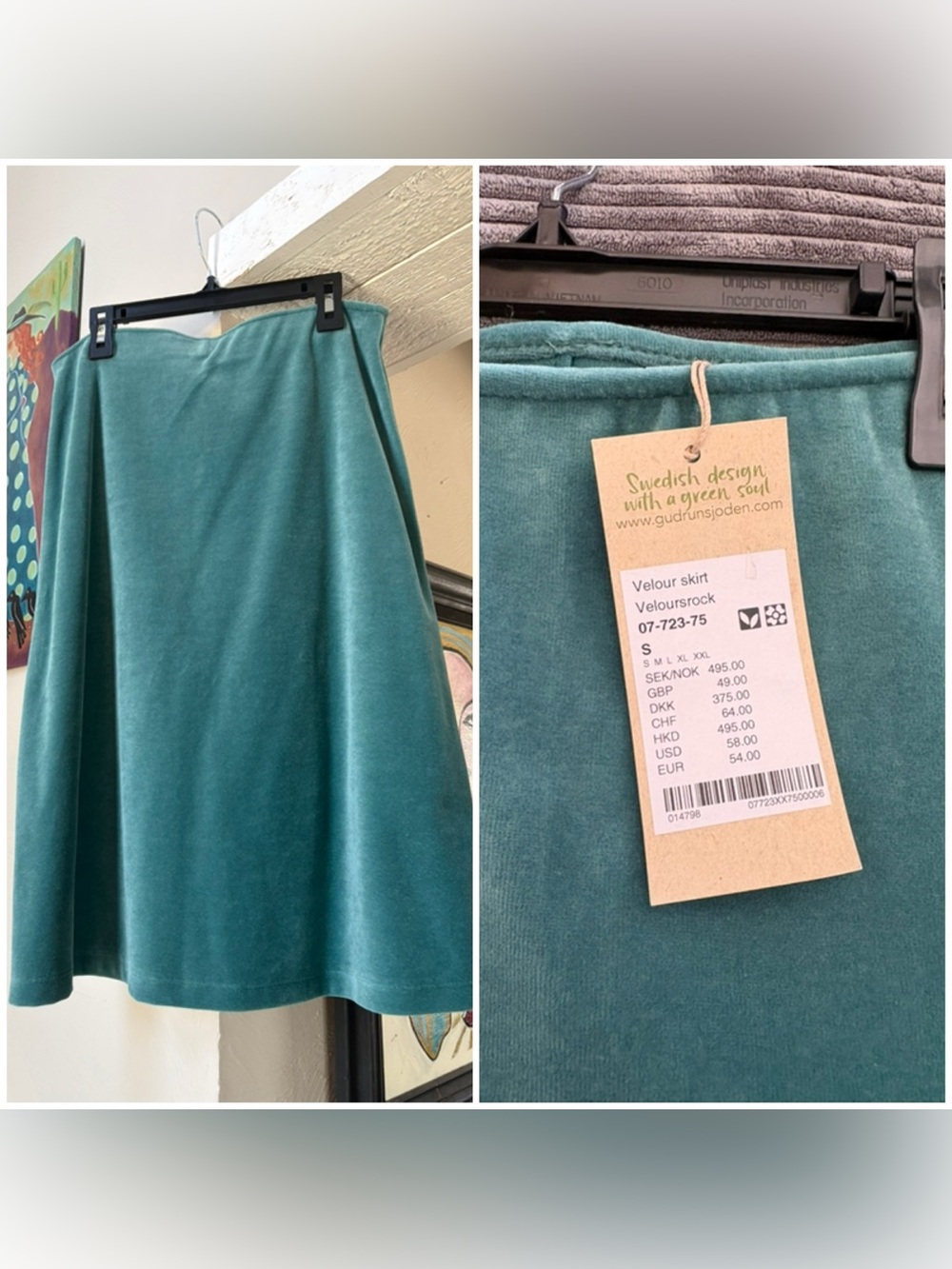 Cute NWT Gudrun Sjoden Velour Skirt size small in teal - waist 28-30”, 24” long